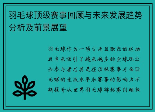 羽毛球顶级赛事回顾与未来发展趋势分析及前景展望