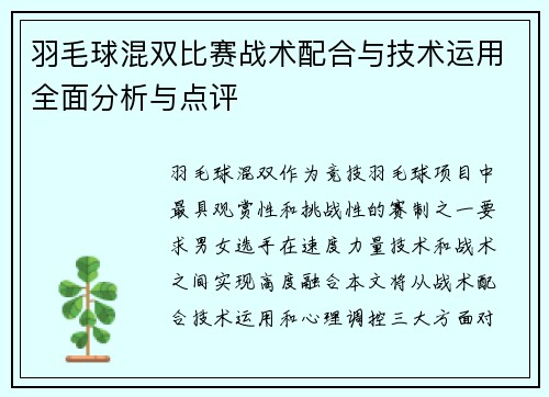 羽毛球混双比赛战术配合与技术运用全面分析与点评